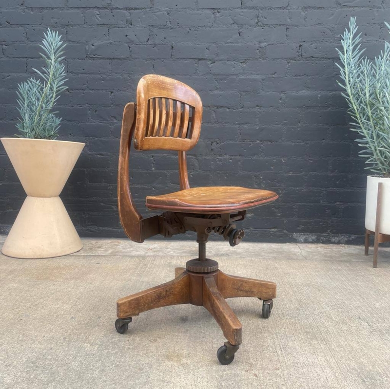 Vintage Swivel Desk Chair Mechanical Spring Curved Slat Back