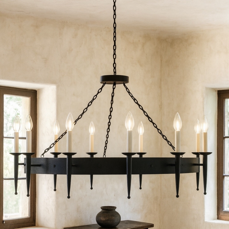 Wagon Wheel Chandelier 12 Lights Tapered Finials Wrought Iron Look