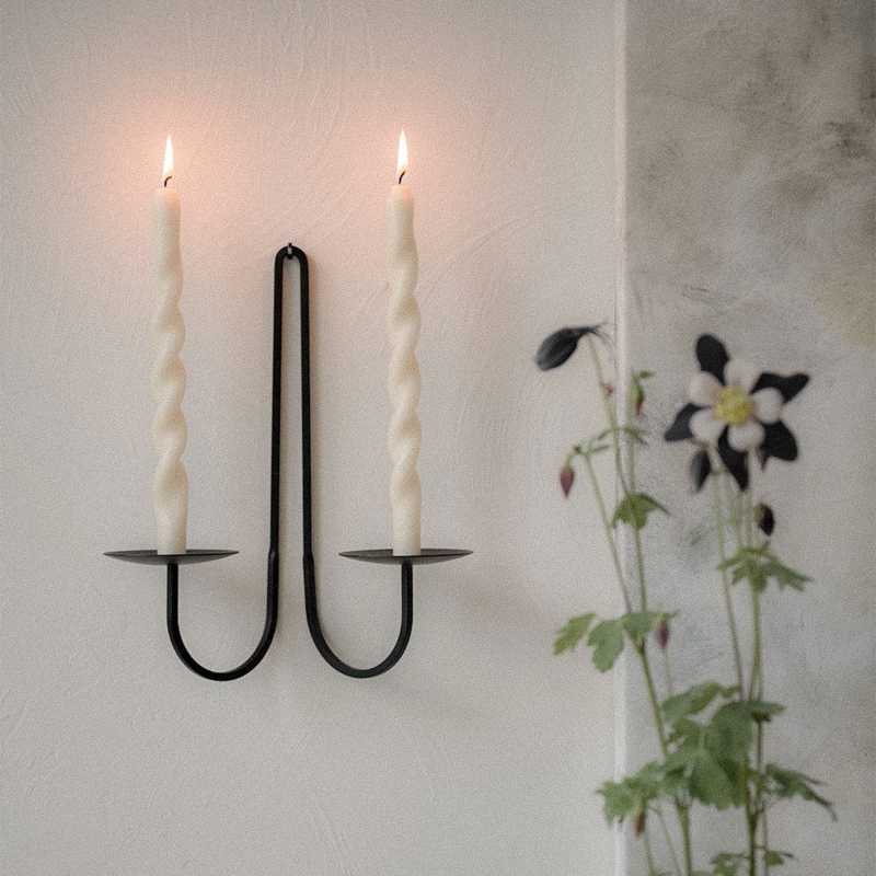 Wall Candle Holder Hand Forged Iron Double Arm with Twisted Tapers