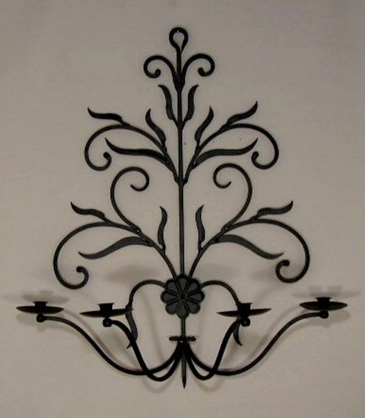 Wall Candle Holder Ornate Wrought Iron 4-Light with Leaf Motifs