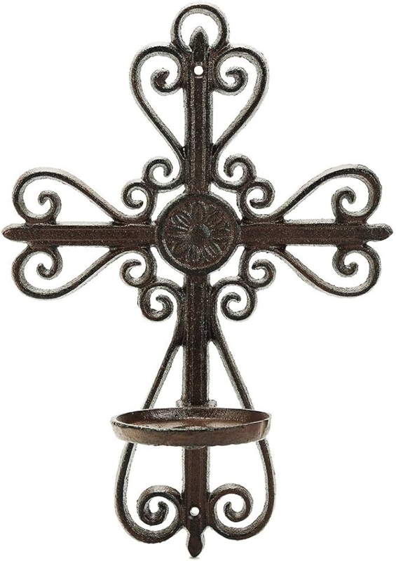 Wall Candle Sconce Rustic Cast Iron Cross Shape with Scrollwork