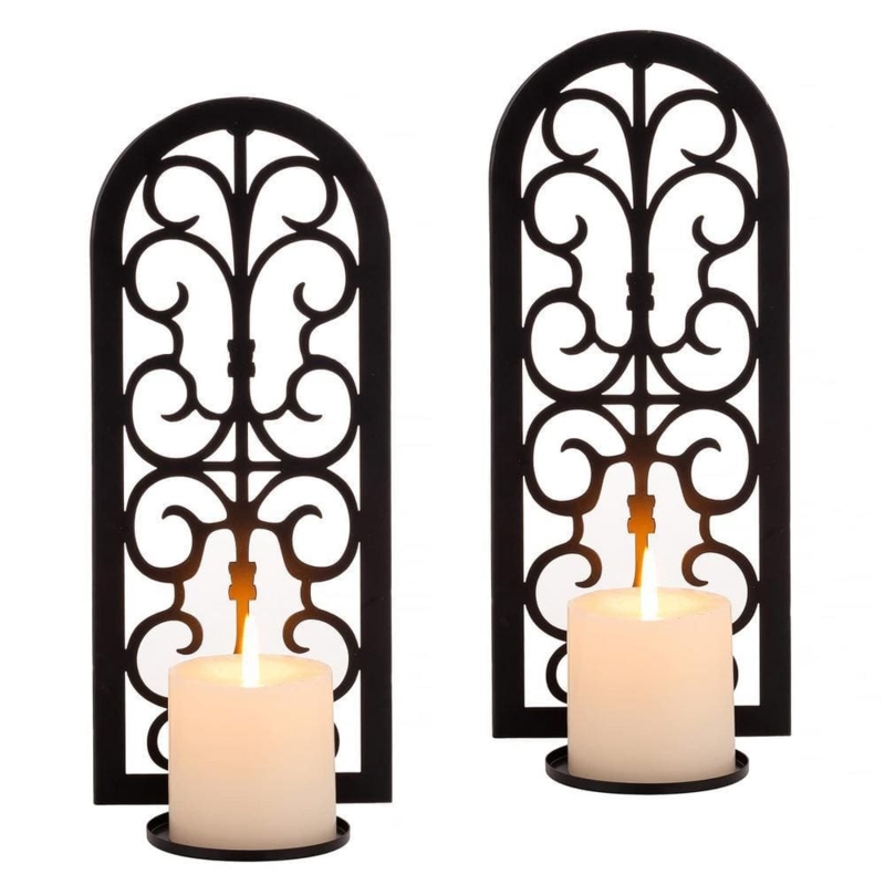 Wall Candle Sconce Vintage Arched Silhouette Black Metal Filigree Set