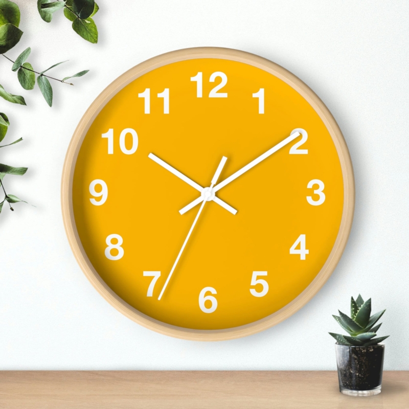 Wall Clock Bright Yellow Face Light Wood Rim Scandinavian Style