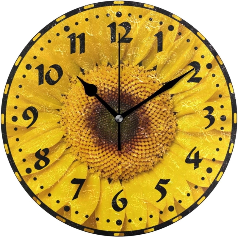 Wall Clock Sunflower Motif Distressed Texture Farmhouse Floral