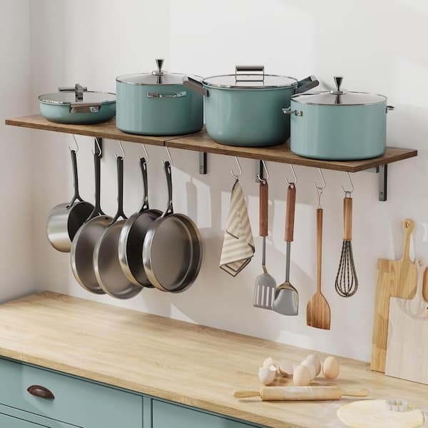 Wall Mounted Pot Rack: Walnut Dual Purpose Shelf with S-Hooks Organizer.