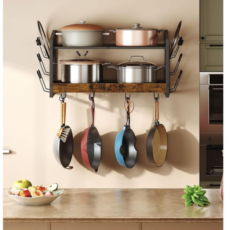 Wall Pot Rack: Two-Tier Wood Shelf with Side Lid Organizers.