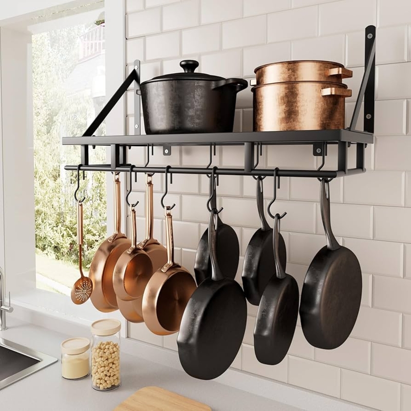 Wall Pot Rack with Integrated Grid Shelf