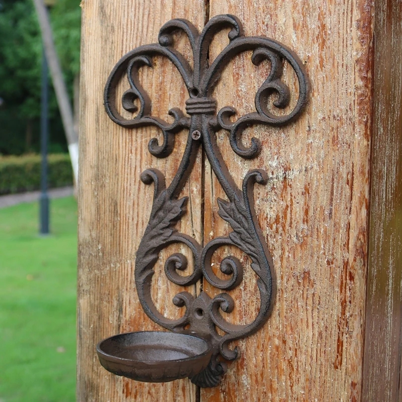 Wall Sconce Candle Holder Ornate Cast Iron Leaf Motif Scrollwork
