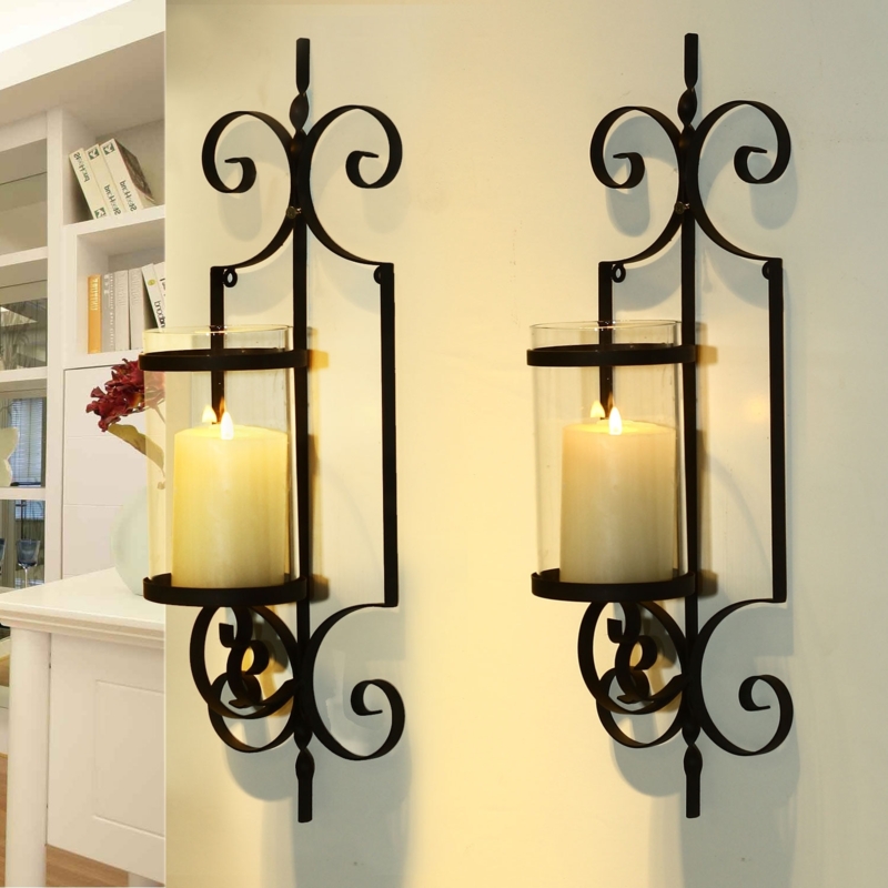 Wall Sconce Cast Iron with Cylindrical Glass Shades and Scrollwork