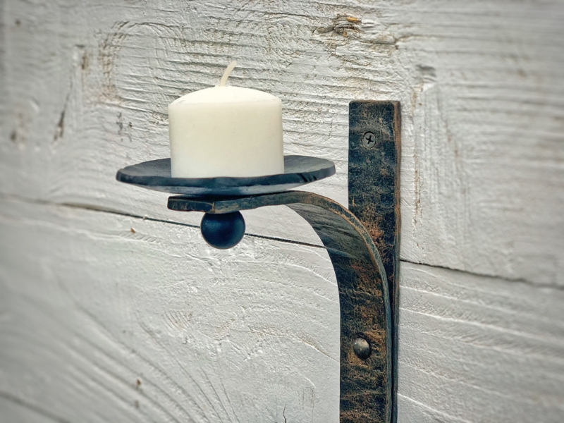 Wall Sconce Hand Forged Iron Ball Finial Curved Arm Rustic Holder