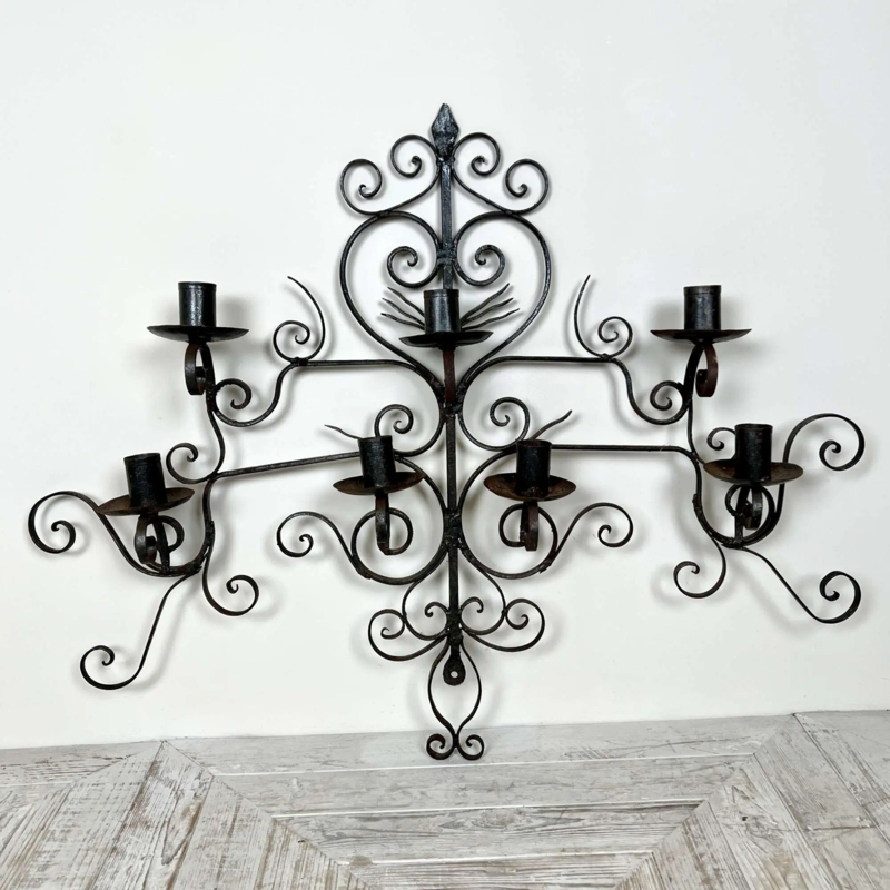 Wall Sconce Large Heart Scrollwork Wrought Iron Six Candle Cups Antique