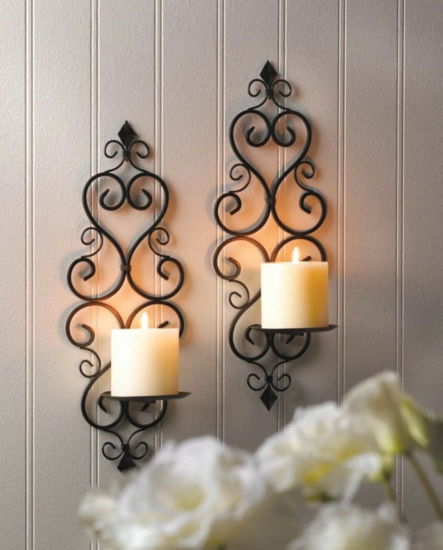 Wall Sconce Pair Symmetrical Scrolled Ironwork Fleur De Lis Traditional