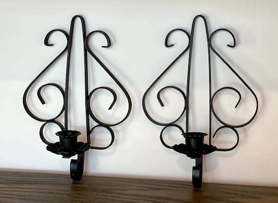 Wall Sconce Pair Vintage Wrought Iron Scrollwork Scalloped Cups
