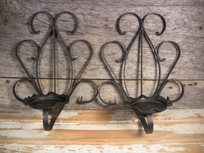Wall Sconce Set Gothic Revival Wrought Iron Scalloped Candle Plates