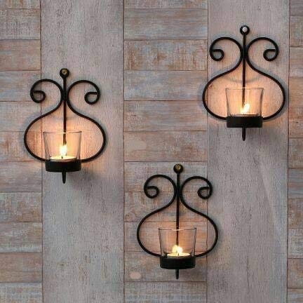 Wall Sconce Set of Three Matte Black Scrollwork with Glass Cups