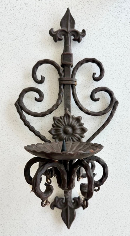 Wall Sconce Vintage Wrought Iron Candle Pricket Sunflower Motif Brown