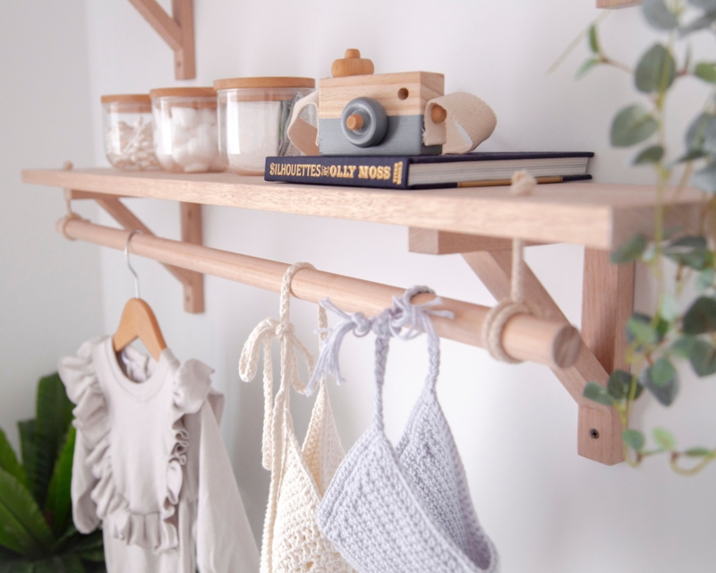 Wall Shelf with Rope Suspended Rod for Scandi Nursery Storage