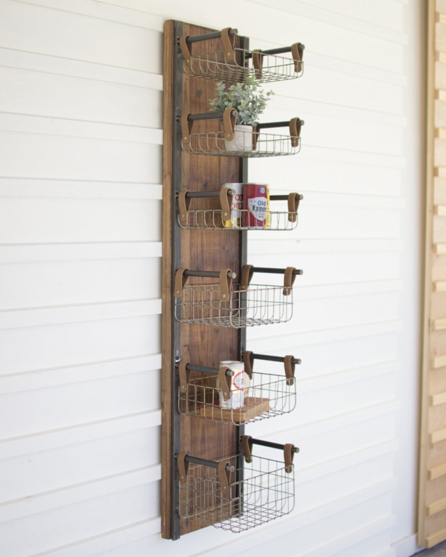 Wall Storage Rack Wire Baskets Vertical Plank Industrial Farmhouse