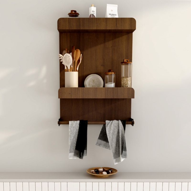 Walnut Wall Shelf Kitchen Storage Towel Bar with Curved Edges