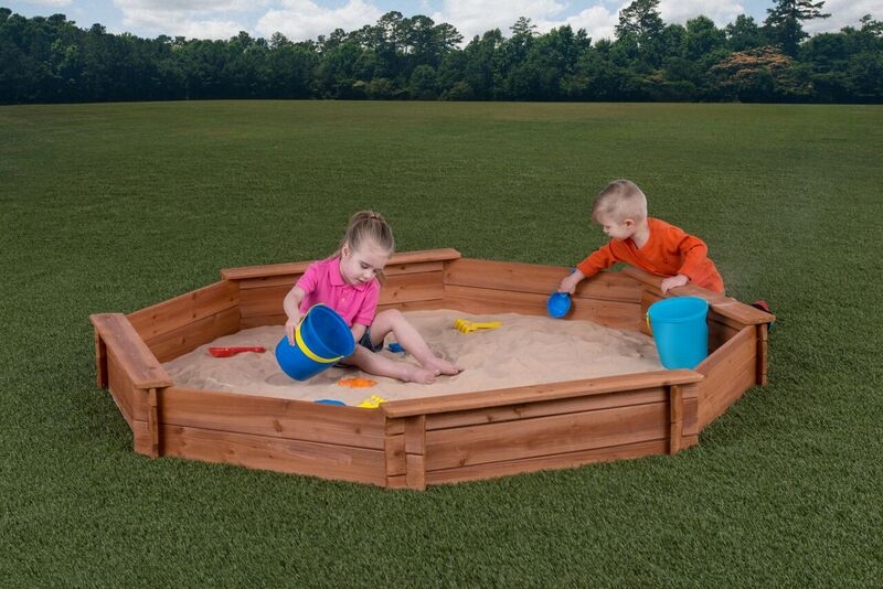 Warm Brown Octagonal Wooden Sandbox with Integrated Corner Seating