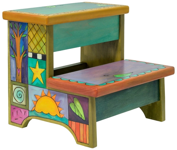 Whimsical Folk Art Step Stool with Hand-Painted Motifs and Two Tiers