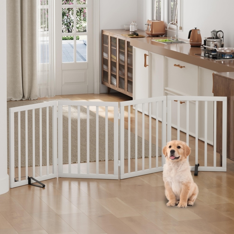 White Freestanding Dog Gate 4-Panel Foldable