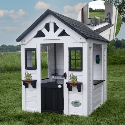 White Modern Farmhouse Playhouse with Built-In Kitchen and Arch Trim