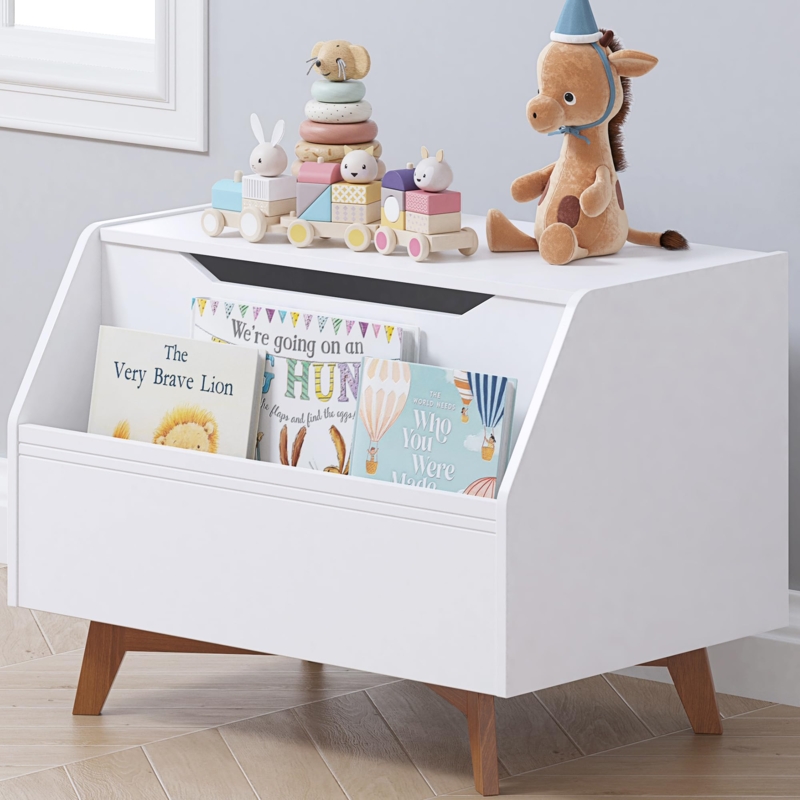 White Toy Box Book Storage Mid Century Kids Organizer Tapered Legs