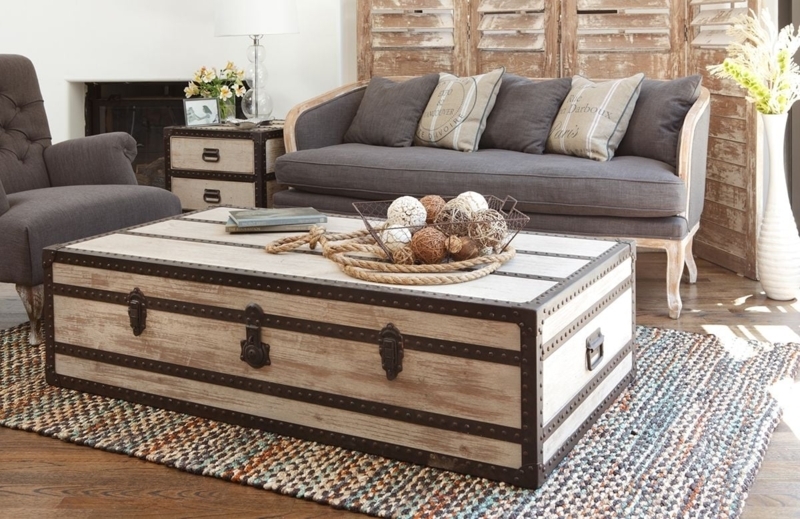 Whitewashed Wood Chest Table with Rivet Detailing