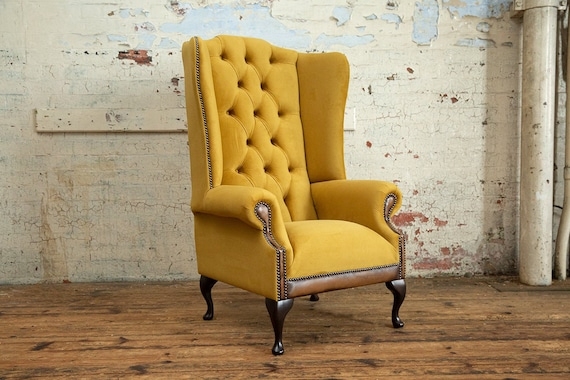Wing Chair Chesterfield Style Velvet with Antique Tan Leather Base