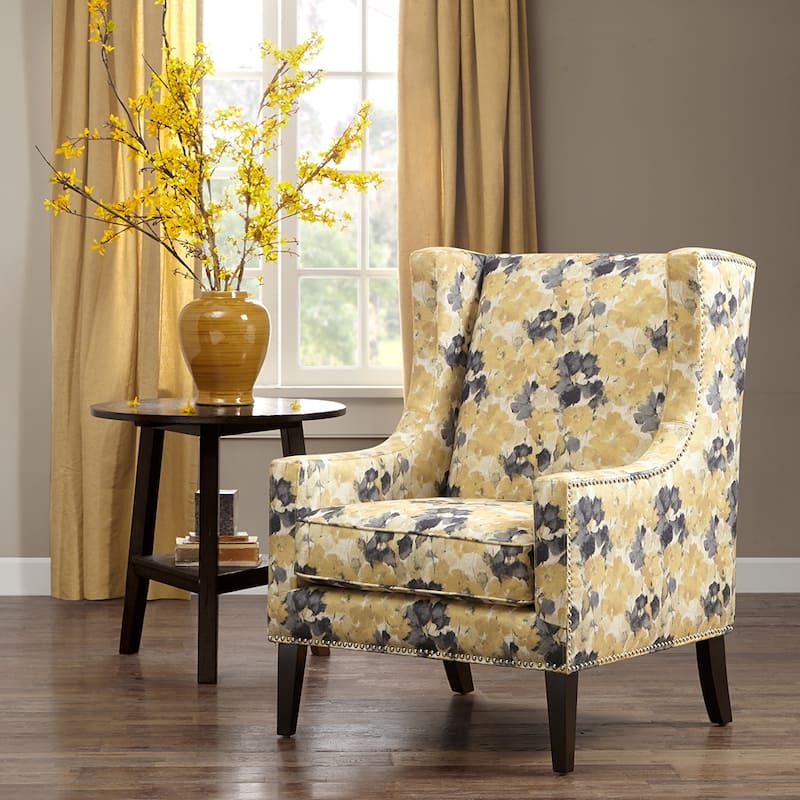 Wingback Accent Chair Watercolor Floral Print with Nickel Nailhead Trim