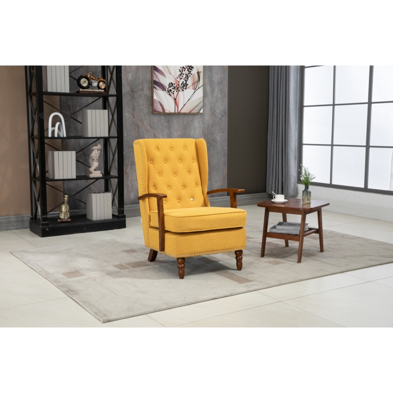 Wingback Accent Chair Woven Fabric with Curved Walnut Wood Arms