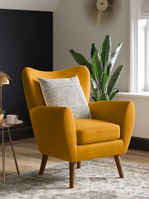 Wingback Armchair Mid Century Fabric with Tapered Wood Legs