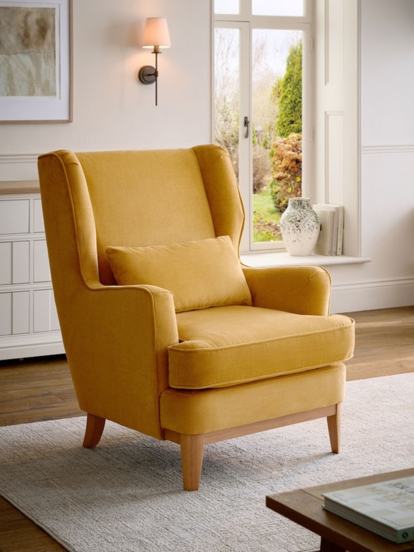 Wingback Armchair Textured Weave with Warm Oak Tapered Legs