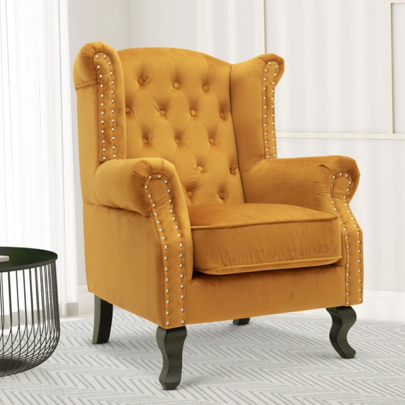 Wingback Armchair Traditional Velvet with Silver Nailhead Trim