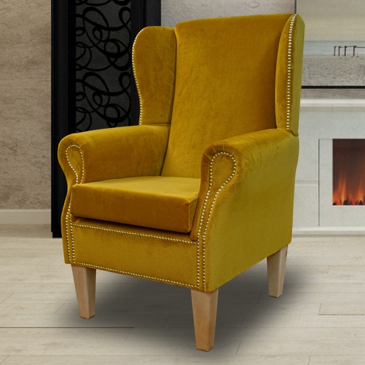 Wingback Armchair Velvet with Nailhead Trim and Wood Legs