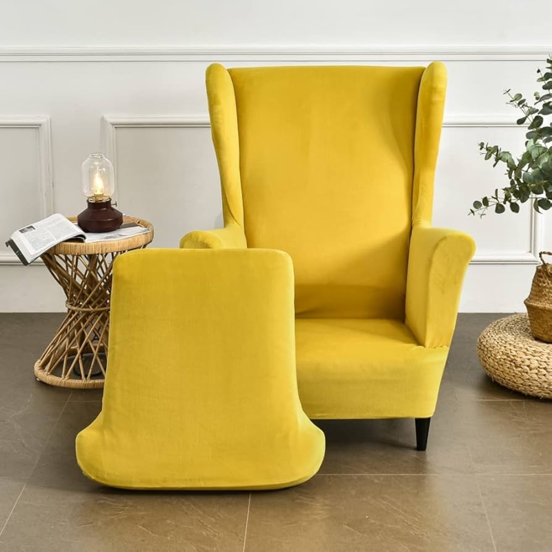 Wingback Chair Slipcover Two Piece Velvet in Vibrant Yellow for T-Cushion