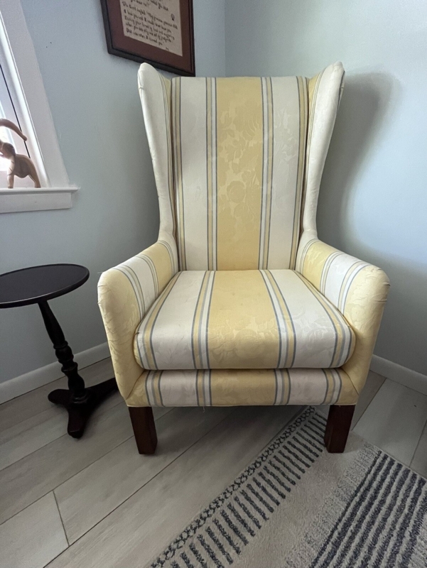 Wingback Chair Vintage Butter Yellow Damask Stripe with Dark Wood Legs