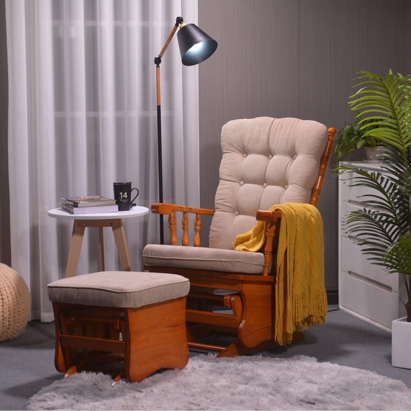 Wood Glider and Ottoman Set Honey Finish Tufted Back