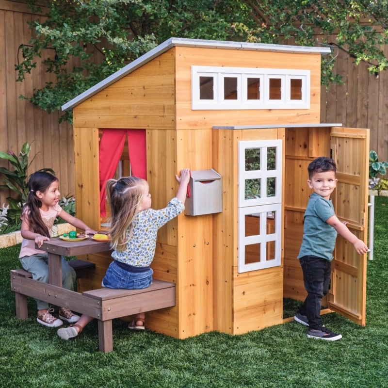 Wood Playhouse with Integrated Picnic Table and Clerestory Windows