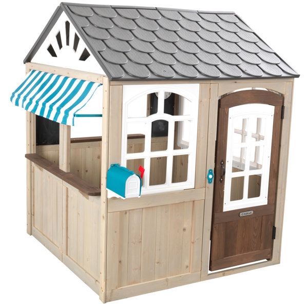 Wooden Cottage Playhouse with Teal Awning and Arched Paned Window