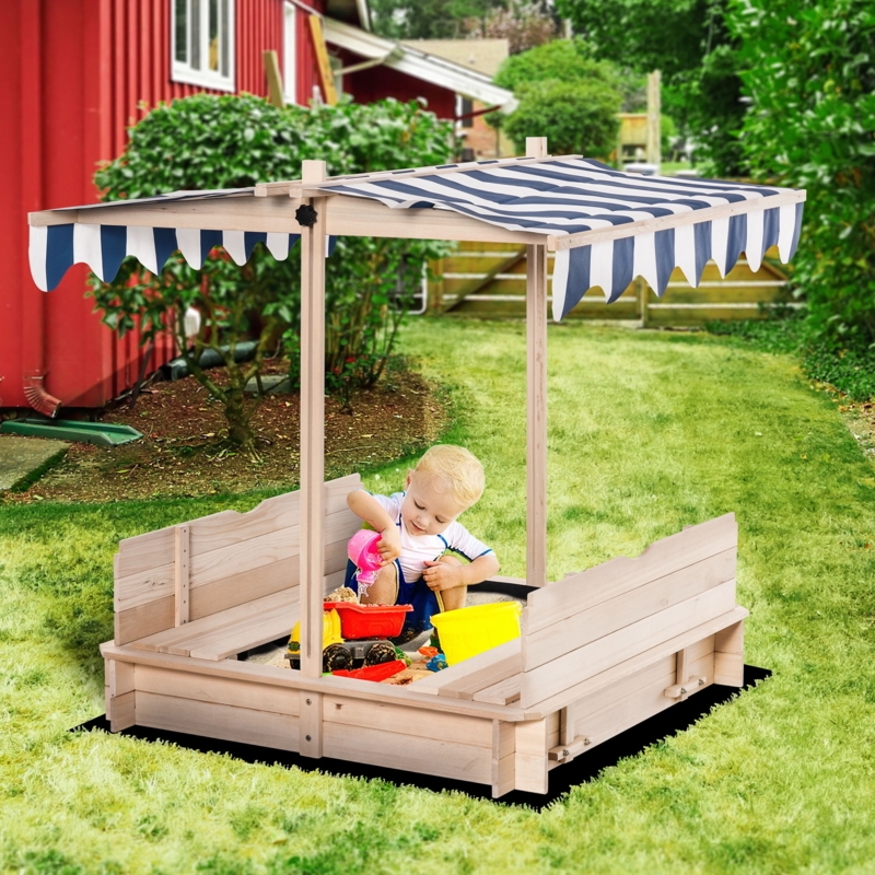 Wooden Sandbox with Adjustable Navy Striped Canopy and Folding Benches