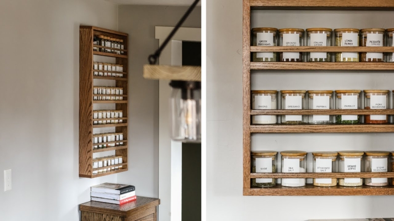 Wooden Seven Tier Spice Rack with Jars and Matching Wooden Lids