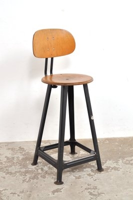 Workshop Stool Vintage Utilitarian Wood Seat Splayed Legs