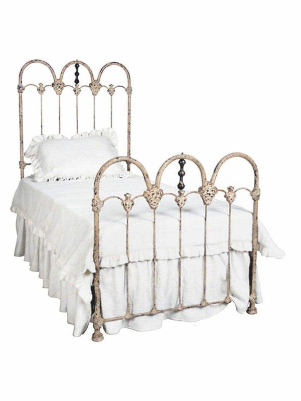 Wrought Iron Bed Distressed Beige Triple Arched Frame Cottage Style