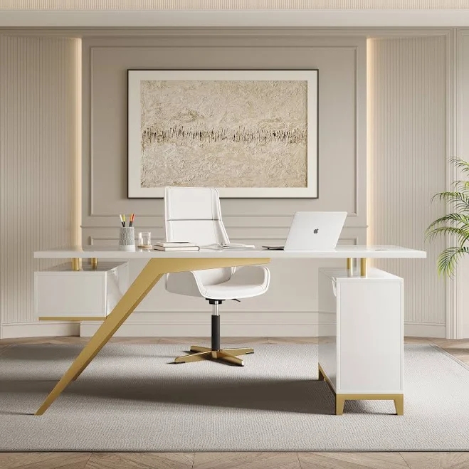 Homary Modern Gold Office Executive Desk with Storage Cabinet