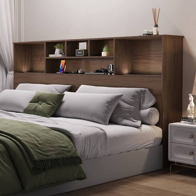Ivy Bronx Modern Wooden Bookcase Headboard with Adjustable LED Lights and Charging Station