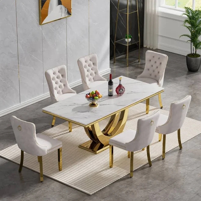 Luxury Marble Dining Table Set , 68" Dining Room Table with Dining Chairs, Dining Table with Faux Marble Top & Stainless Steel Pedestal, Large Dining