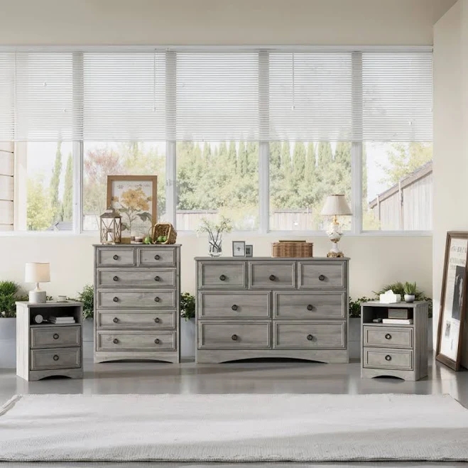 4 Pieces Bedroom Set Include 7 Drawer Dresser, 6 Drawer Tall Chest And 2 Nightstands, Gray Winston Porter