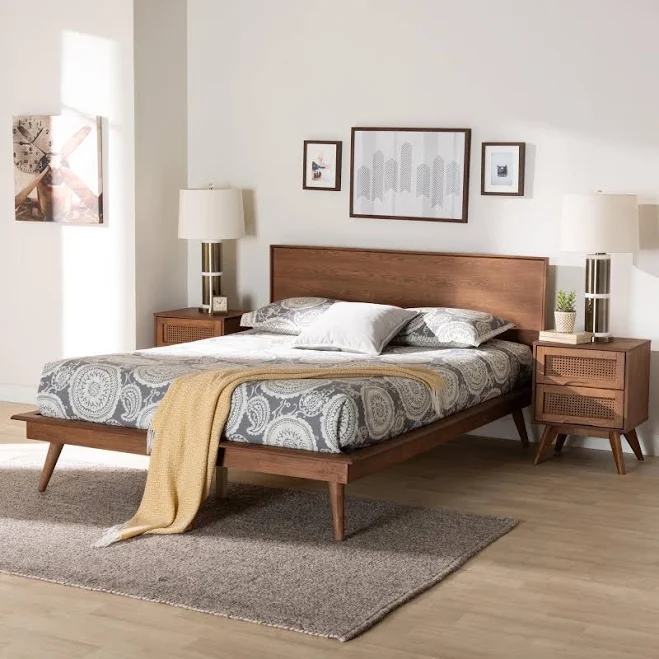 Baxton Studio Melora Walnut Brown Wood and Rattan Size 3-Piece Bedroom Set